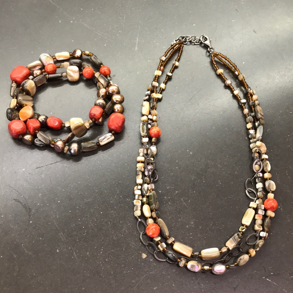 Silpada Coral-Pearl Shell Necklace & Bracelet Set